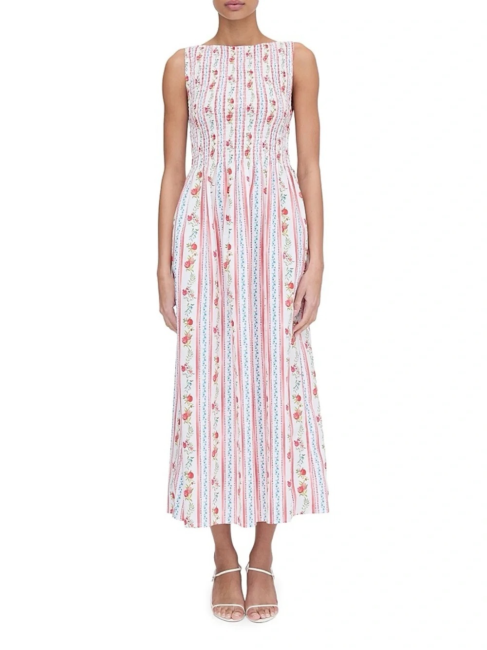 Caroline Constas Pomegranate Stripe Floral Smocked Cotton Midi Dress
